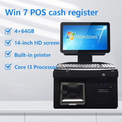 Registratore di cassa POS Win7 con doppio schermo touch da 14 pollici, CPU i3, terminale POS desktop 4+64GB con stampante, tastiera, scanner