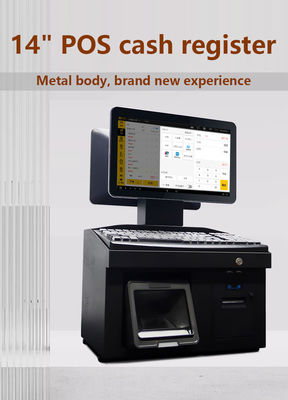 Registratore di cassa POS Win7 con doppio schermo touch da 14 pollici, CPU i3, terminale POS desktop 4+64GB con stampante, tastiera, scanner