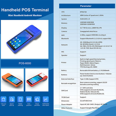 Sistema POS Android portatile da 5,5" Registratore di cassa Touch Screen Mobile POS Terminal WiFi USB NFC Pagamento per la vendita al dettaglio Blu