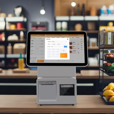 Macchina terminale All in One con doppio schermo touch da 15,6 pollici per la vendita al dettaglio con tecnologia di stampa a trasferimento termico