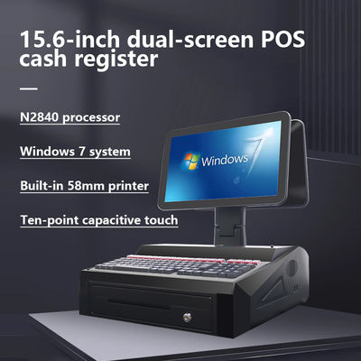 OEM ODM 15.6 Inch Dual Screen Win7 Pos Cash Register N2840 Cpu 2+32GB Desktop POS Terminal con stampante da 58 mm, tastiera