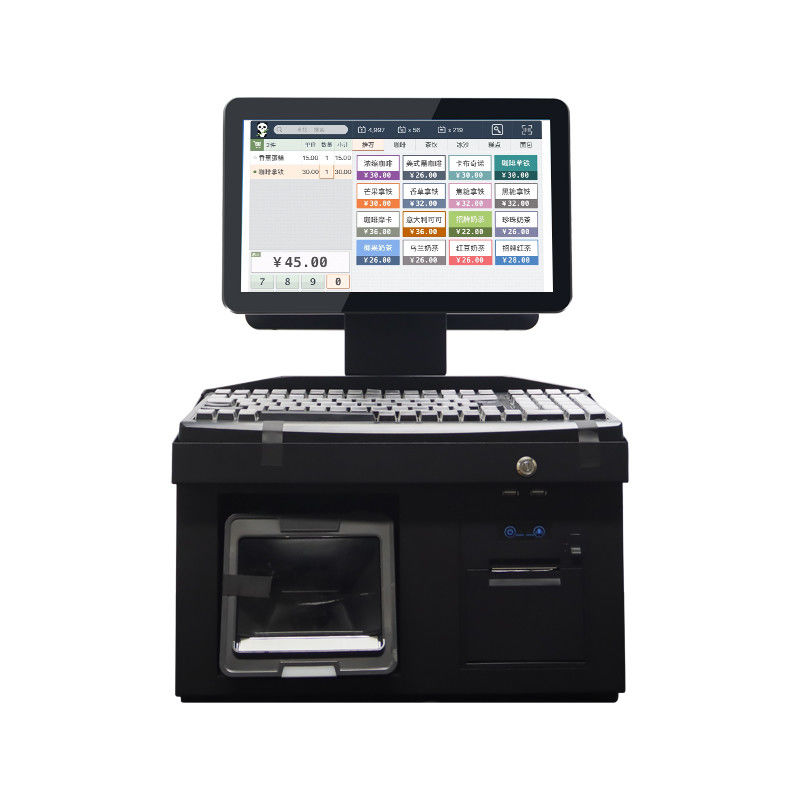 Registratore di cassa POS Win7 con doppio schermo touch da 14 pollici, CPU i3, terminale POS desktop 4+64GB con stampante, tastiera, scanner