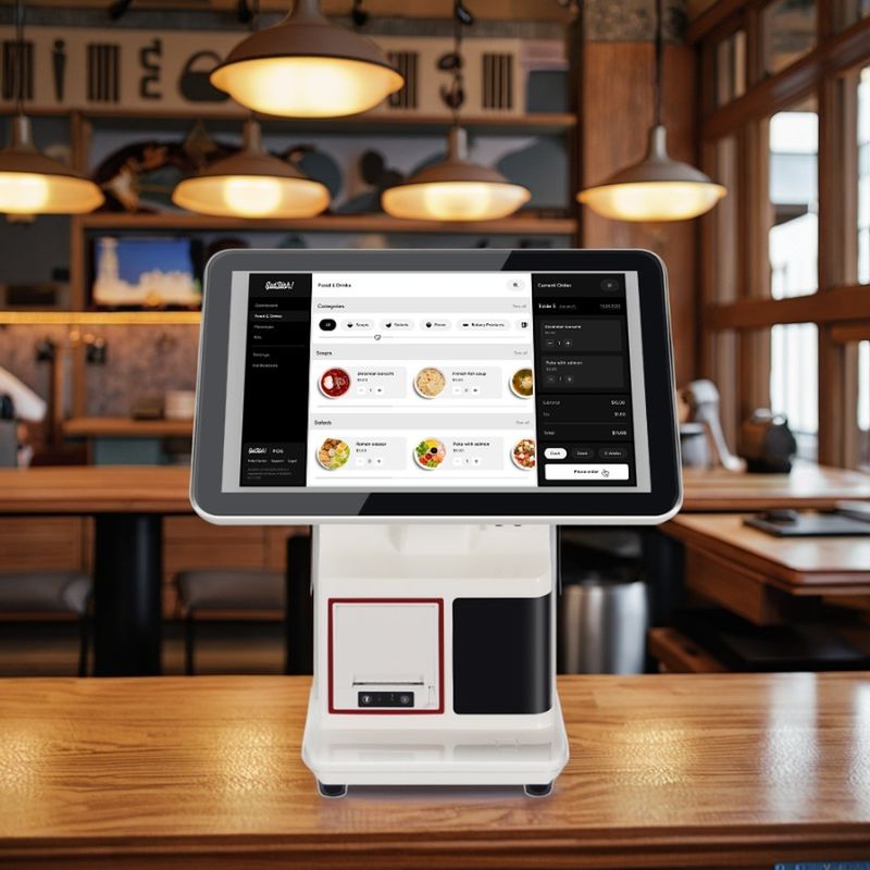 Sistema POS per fast food All-in-One Touch Screen da 15,6" Registratore di cassa Display da cucina Stampante ordini Terminale di pagamento NFC QR